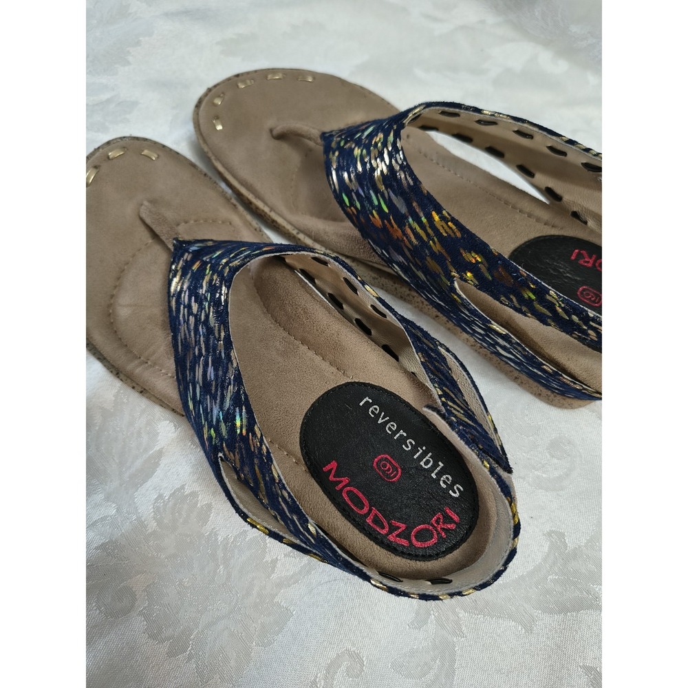 Modzori Reversible Lirah Womens Sz 9.5 White Blue Metallic Wedge 2 in 1 Sandals